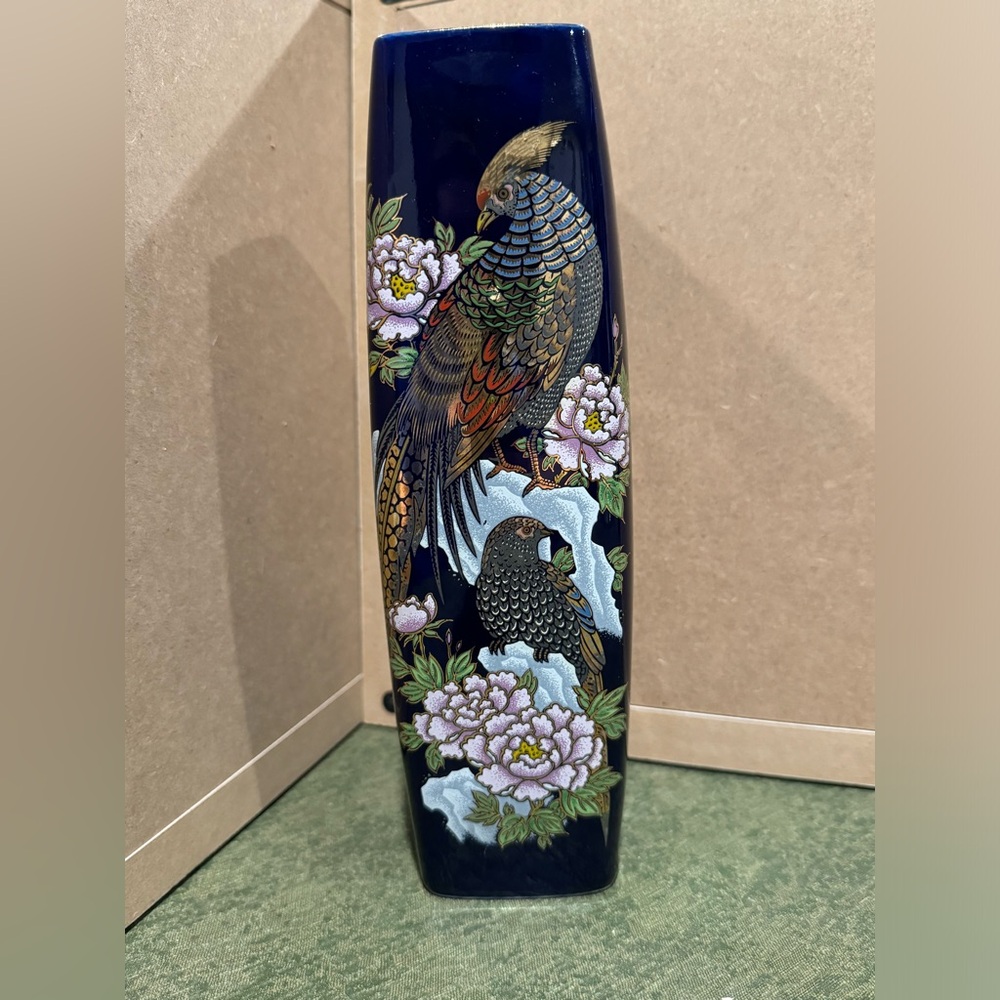 Vintage Interpur Square Cobalt Blue Vase Porcelain Hand Painted Peacock Japanese